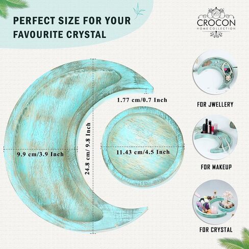 Moon Tray Crystal Holder - Wood Moon Tray - Crystal Tray for Stones, Wood Moon Shape Jewelry Plate for Stones - Crescent Moon Tray for Crystal - Essential Oil Holder - Decorative Tray (Turquoise) in Saudi Arabia