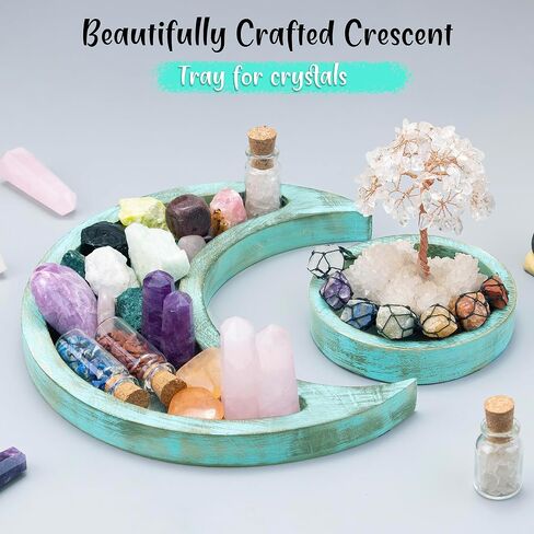 Moon Tray Crystal Holder - Wood Moon Tray - Crystal Tray for Stones, Wood Moon Shape Jewelry Plate for Stones - Crescent Moon Tray for Crystal - Essential Oil Holder - Decorative Tray (Turquoise) in Saudi Arabia