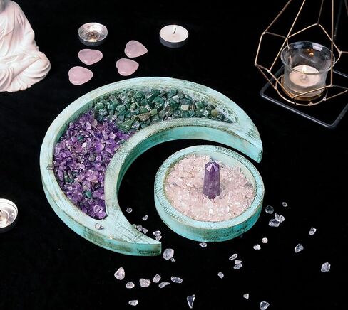 Moon Tray Crystal Holder - Wood Moon Tray - Crystal Tray for Stones, Wood Moon Shape Jewelry Plate for Stones - Crescent Moon Tray for Crystal - Essential Oil Holder - Decorative Tray (Turquoise) in Saudi Arabia