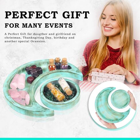 Moon Tray Crystal Holder - Wood Moon Tray - Crystal Tray for Stones, Wood Moon Shape Jewelry Plate for Stones - Crescent Moon Tray for Crystal - Essential Oil Holder - Decorative Tray (Turquoise) in Saudi Arabia