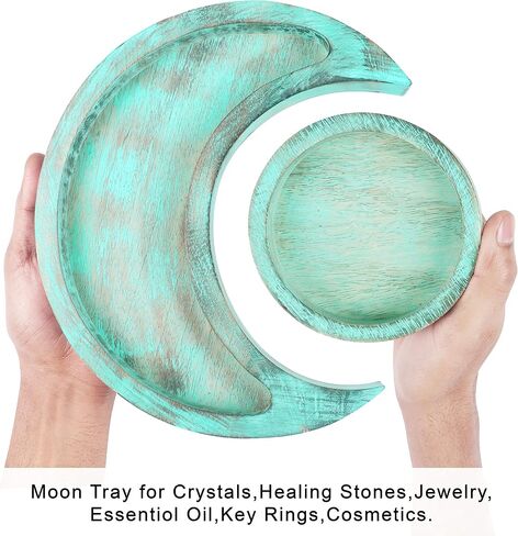 Moon Tray Crystal Holder - Wood Moon Tray - Crystal Tray for Stones, Wood Moon Shape Jewelry Plate for Stones - Crescent Moon Tray for Crystal - Essential Oil Holder - Decorative Tray (Turquoise) in Saudi Arabia