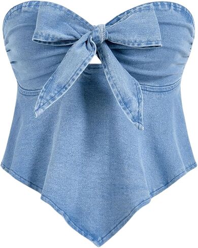 Milumia Women's Bow Tie Front Denim Tube Top Strapless Ruffle Hanky Hem Western Concert Crop Tops in Kuwait