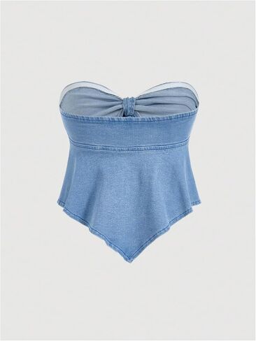 Milumia Women's Bow Tie Front Denim Tube Top Strapless Ruffle Hanky Hem Western Concert Crop Tops in Kuwait
