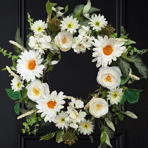 18 Inch Spring Summer Flower Wreaths for Front Door, Artificial Floral Door Wreaths, Roses Chrysanthemums Sunflowers Hydrangeas Wreath Farmhouse Wreaths for Outside Window Home Decor (Fuchsia) in Kuwait
