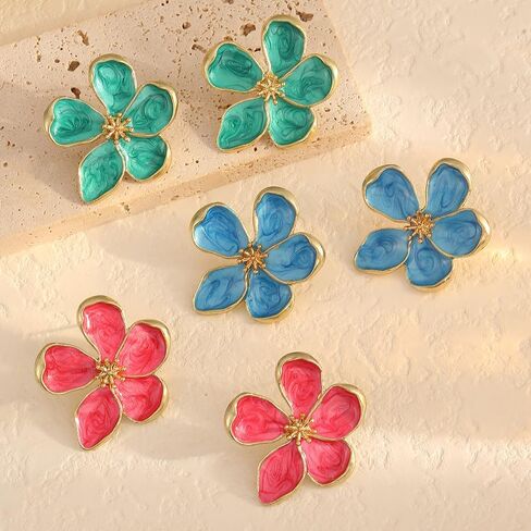 Flower Earrings for Women Large Statement Earrings for Women Gold Big Floral Earring Unique White Green Blue Pink Flower Stud Earring Fancy Trendy Jewelry in Saudi Arabia