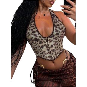 SOLY HUX Women's Y2k Leopard Print Halter Top Sleeveless Lace Up Backless Trendy Going Out Corset Crop Tops