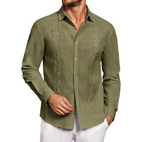 Makkrom Men's Casual Cotton Linen Button Down Shirts Cuban Guayabera Shirt Long Sleeve Summer Beach Tops