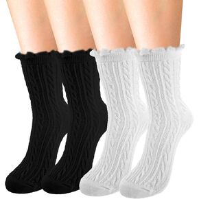 GIANTREE 4PCS الجوارب الطاقم الأبيض - الكشكش والكابلات المتماسكة جوارب حافة الحافة