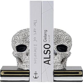 Skull Bookends, Unique Black Skull Design Heavy-Duty Lifesize Human Skeleton Decorations for Shelves, Perfect for Supporting Heavy Books with a Gothic Twist