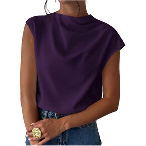 MakeMechic Women's Grapp Neck Tops Cap Sleeve Mock Neck Dekhole Dehile Summer Blouse Summer