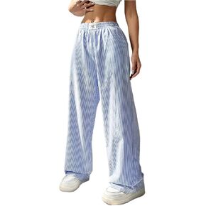 WDIRARA Women's Striped Print Straight Leg Pants Elastic Waist Casual Trousers with Pockets