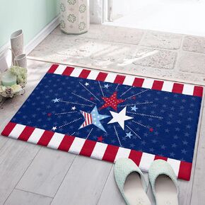 Plush Rug Non Slip Bath Mat, 4th of July Star Soft Shaggy Long Fur Fuzzy Bath Rugs, Carpet Mat for Bathroom Shower Home Red Blue Independence Day Patriotic Star16 x24