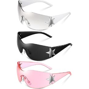 3 Pairs Y2K Sunglasses for Women Men, Trendy Shield Wrap Around Sun Glasses, Rimless Star Sunglasses, Oversized Fashion Frameless Sun Glasses Cycling Driving Shopping Outdoor Pink, Silver, Black