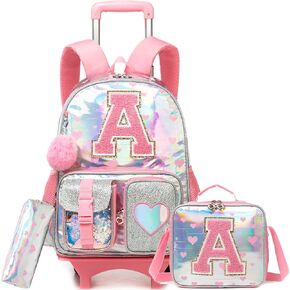 Meetbelify Cute Cat Rolling Backpack for Girls Backpack with Wheels for leghondary student Kids School Bag مع حالة قلم رصاص لصندوق الغداء للفتيات من 6 إلى 8 سنوات