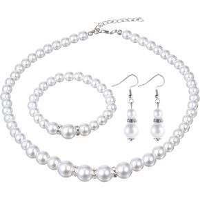 3 Pcs Pearl Necklace and Earring Bracelet Set,8mm Faux Pearl Jewelry Set for Women White Pearl Necklace for Women Best Gift For Birthday Valentine'S Day