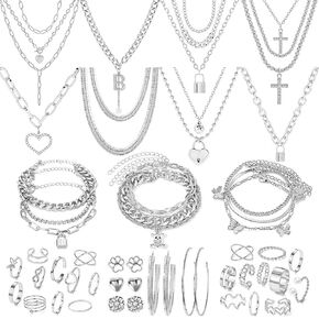KOSMOS-LI 45 PCS Silver Plated Jewelry Sets with Costume 8 PCS Multi Layer Chain Necklace, 9 PCS Bracelet, 5 Pair Stud Earring, 22 PCS Knuckle Rings for Women