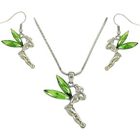 Dianal Boutique Fairy Tinkerbell قلادة وأقراط مجموعة خضراء كريستال تينكر بيل هدية مجوهرات الأزياء معبأة