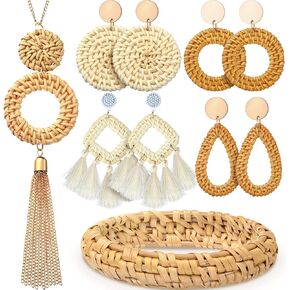 Kigeli 6 Pcs Rattan Necklace Earrings Bracelet Set, Boho Geometric Tassel Hoop Drop Dangle Earrings Handmade Straw Wicker Braid Bangle Bracelet Tassel Pendant Long Necklace for Summer Women Jewelry