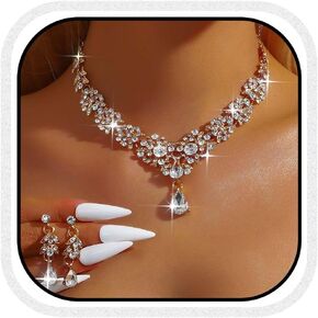 CLOACE Rhinestone Wedding Bridal Jewelry Set Silver Sparkly Earrings Prom Necklace Jewelry Accessories for Women