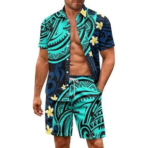 Men's Polynesian Tribal Style 3D Print Casual 2 Piece Hawaiian Button Down Short Sleeve Shirt and Shorts