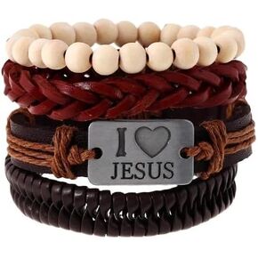 I Love Jesus Beaded Leather Multi Layer Bracelet Christian Jesus Women Mens Leather Bracelet