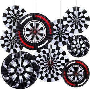 Outus 9 PCS Monster Truck Birthday Party Decorations Racing Paper Fans Black White Decheded Decoring for Monster Truck Party Supplies Decord Pre-Folded Seign