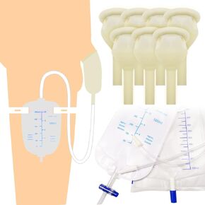 Latex Condom Catheter External self-Sealing Set, 1 Premium Leg Bag tubing, 1 Premium Urine Bag, 7 Condoms, Day and Night use Quick and Easy Drainage, no backflow, no Leakage (35mm/1.38inch)