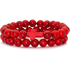 2PCS Cross Turquoise Bracelet Natural Stone Lava Beads Essential Oil Diffuser Bracelets,7.5" Wrist