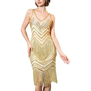 YESSA 1920s Flapper Dresses for Women,Lace V Neck Great Gatsby Dresses Fringed Roaring 20s Dresses