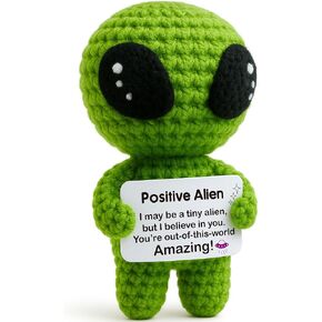 Funny Positive Alien Crochet Plush - Handmade Knitted Alien with Uplifting Message Card - Small Encouragement Gift for Teens, Friends, Coworkers, or Sci-Fi Lovers, Ideal for Birthday, Graduation