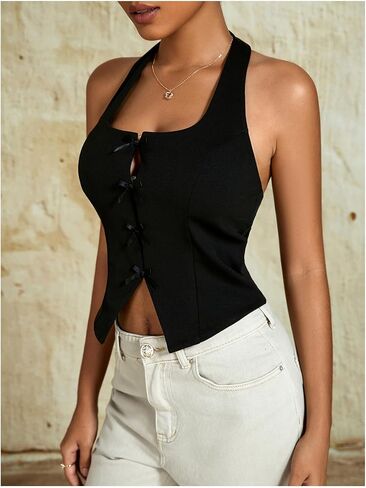 Milumia Women's Backless Halter Crop Top Y2K Bow Front Cut Out Sleeveless Going Out Tank Tops in Saudi Arabia