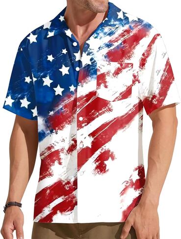 American Flag Hawaiian Shirt Men: 4th of July T Shirt Patriotic Shirt Summer Beach Button Down Tops in Saudi Arabia