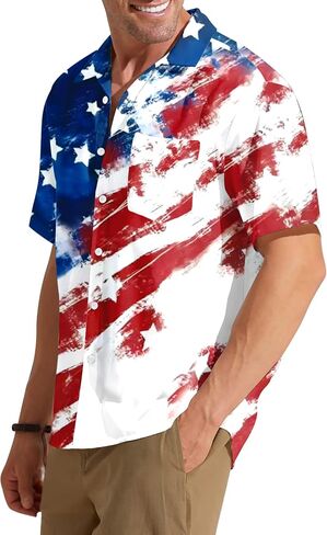 American Flag Hawaiian Shirt Men: 4th of July T Shirt Patriotic Shirt Summer Beach Button Down Tops in Saudi Arabia