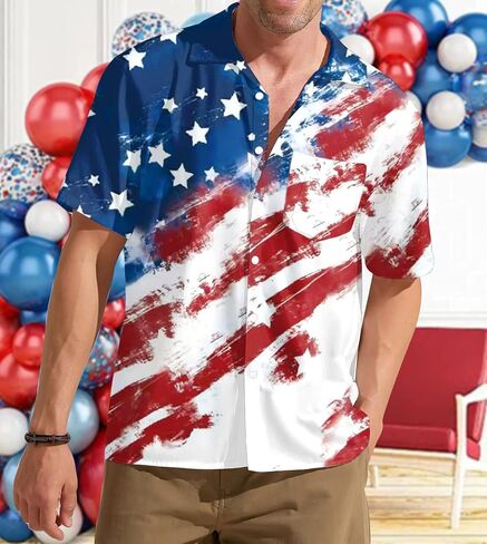 American Flag Hawaiian Shirt Men: 4th of July T Shirt Patriotic Shirt Summer Beach Button Down Tops in Saudi Arabia
