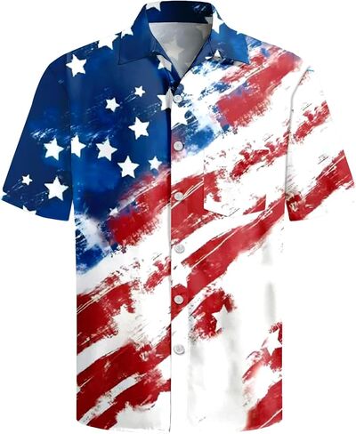 American Flag Hawaiian Shirt Men: 4th of July T Shirt Patriotic Shirt Summer Beach Button Down Tops in Saudi Arabia