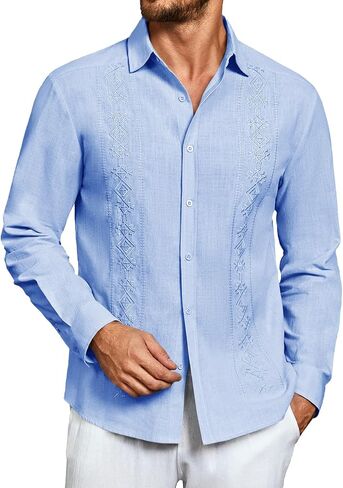 Makkrom Men's Casual Cotton Linen Button Down Shirts Cuban Guayabera Shirt Long Sleeve Summer Beach Tops in Kuwait