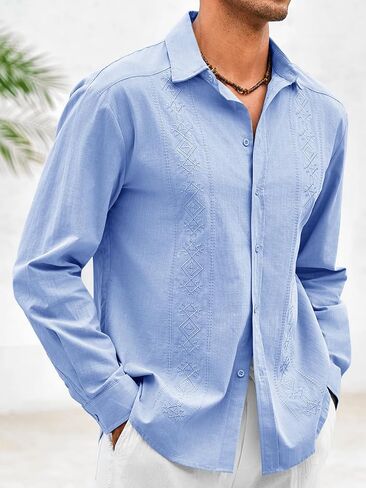 Makkrom Men's Casual Cotton Linen Button Down Shirts Cuban Guayabera Shirt Long Sleeve Summer Beach Tops in Kuwait