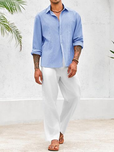 Makkrom Men's Casual Cotton Linen Button Down Shirts Cuban Guayabera Shirt Long Sleeve Summer Beach Tops in Kuwait