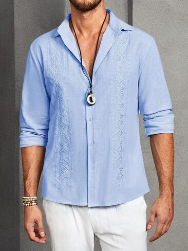 Makkrom Men's Casual Cotton Linen Button Down Shirts Cuban Guayabera Shirt Long Sleeve Summer Beach Tops in Kuwait