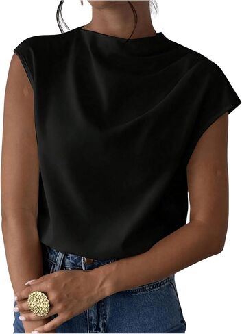 MakeMeChic Women's Draped Neck Tops Cap Sleeve Mock Neck Keyhole Work Shirt Summer Blouse in Kuwait