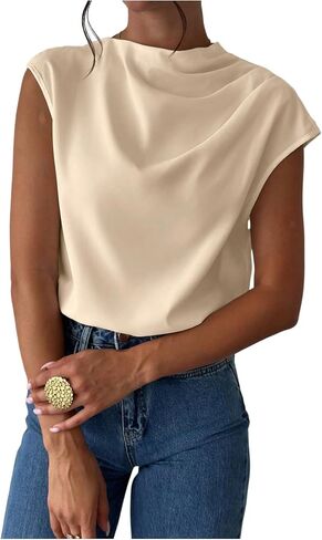 MakeMeChic Women's Draped Neck Tops Cap Sleeve Mock Neck Keyhole Work Shirt Summer Blouse in Kuwait