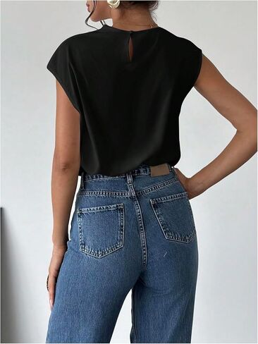 MakeMeChic Women's Draped Neck Tops Cap Sleeve Mock Neck Keyhole Work Shirt Summer Blouse in Kuwait