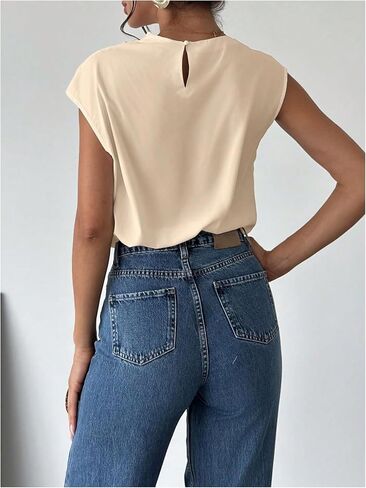 MakeMeChic Women's Draped Neck Tops Cap Sleeve Mock Neck Keyhole Work Shirt Summer Blouse in Kuwait