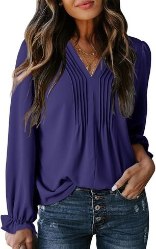 Dokotoo Womens Tops عارضة مطوية الخامس Vuff Puff Long Sleve Thirts Lourd Tunic Bluse in Saudi Arabia
