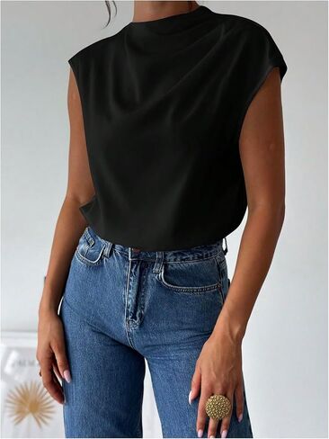 MakeMeChic Women's Draped Neck Tops Cap Sleeve Mock Neck Keyhole Work Shirt Summer Blouse in Kuwait