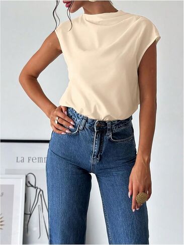 MakeMeChic Women's Draped Neck Tops Cap Sleeve Mock Neck Keyhole Work Shirt Summer Blouse in Kuwait