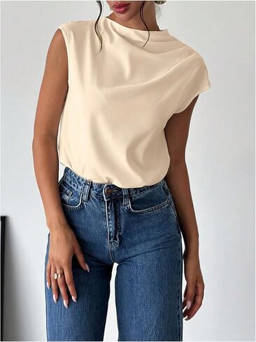 MakeMeChic Women's Draped Neck Tops Cap Sleeve Mock Neck Keyhole Work Shirt Summer Blouse in Kuwait