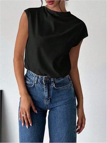 MakeMeChic Women's Draped Neck Tops Cap Sleeve Mock Neck Keyhole Work Shirt Summer Blouse in Kuwait