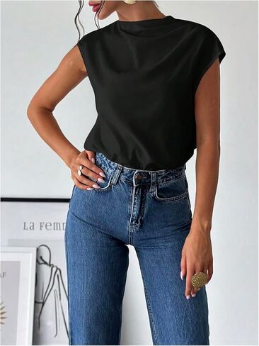 MakeMeChic Women's Draped Neck Tops Cap Sleeve Mock Neck Keyhole Work Shirt Summer Blouse in Kuwait
