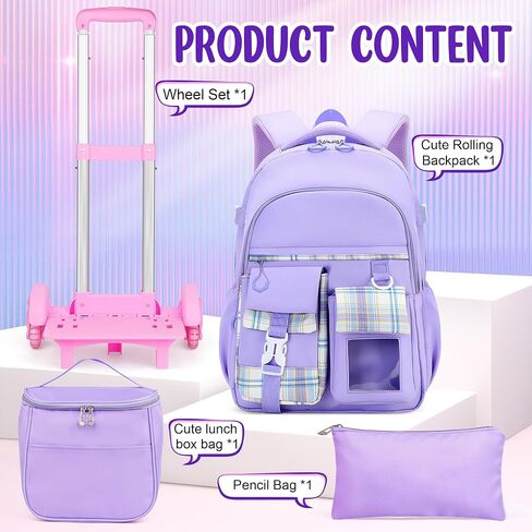 Girls Rolling Backpack with Lunch Bag and Pencil Case, 3 in 1 Trolley School Backpack Set for Kids Ages 6-12, Wheeled Bookbag for Elementary School, Purple Backpack with Wheels for Girls in Saudi Arabia